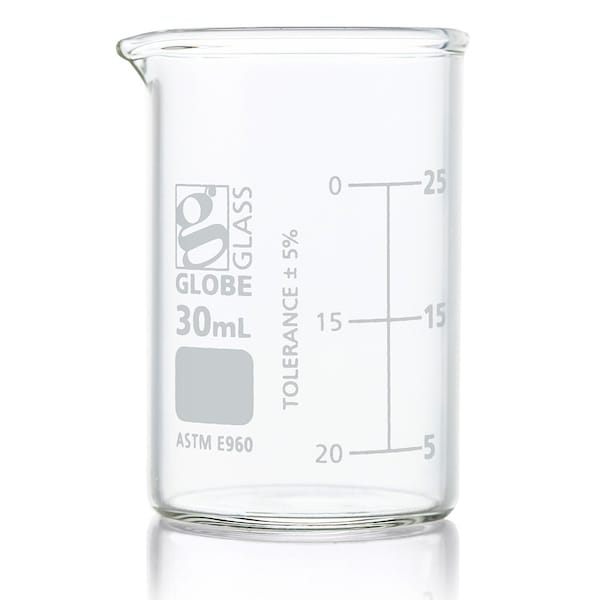 Globe Scientific Beaker, Globe Glass, 30mL, Low Form Griffin Style, Dual Graduations, ASTM E960, 12/Box, 12PK 8010030 - main